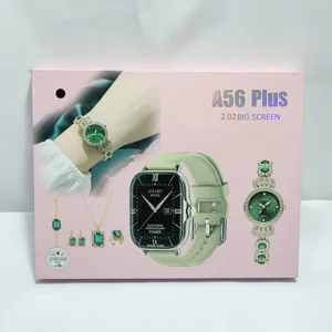ساعت هوشمند A56 Plus صفحه نمایش 2.02 اینچ همراه با ست کامل جواهرات 8 ساعت هوشمند A56 Plus مشکی همراه ست جواهرات زنانه